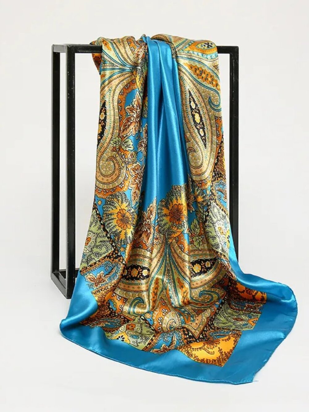 2/$30 NWT Silky Feel Paisley Square Scarf Satin Teal & Gold Boho Headscarf